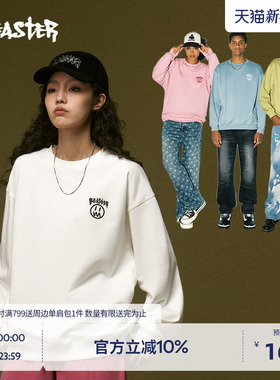 BEASTER鬼脸刺绣重磅圆领卫衣男黑色潮流宽松美式情侣上衣