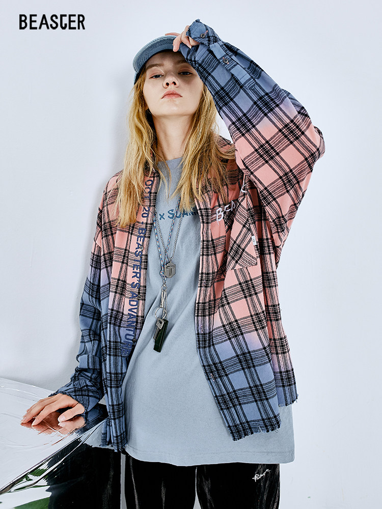 BEASTER little devil grimace gradient color plaid shirt star with the same long-sleeved shirt tide brand street national tide