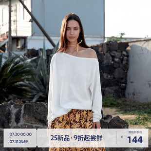 百搭刺绣高级感气质上衣 BEASTER白色一字领斜肩T恤女夏日ootd薄款