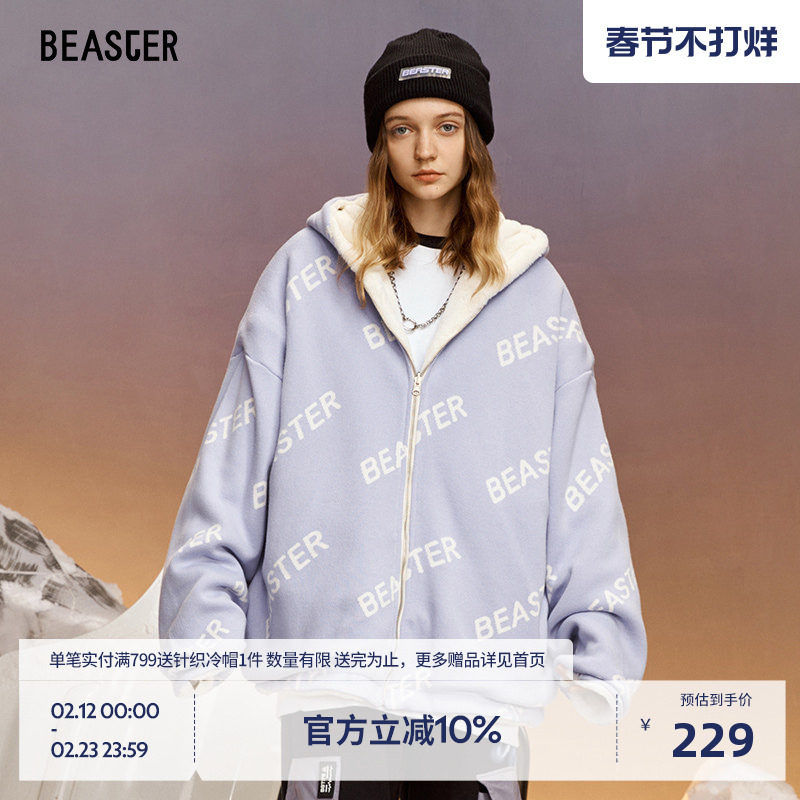 BEASTER鬼脸防风正反连帽仿羊羔绒厚外套男冬季保暖夹克女