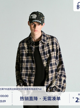 BEASTER潮流植绒满印logo衬衫百搭24秋冬新款格纹上衣外套