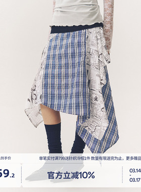 【啄木鸟伍迪联名】王一菲同款BEASTER格纹不对称半身裙女裙子
