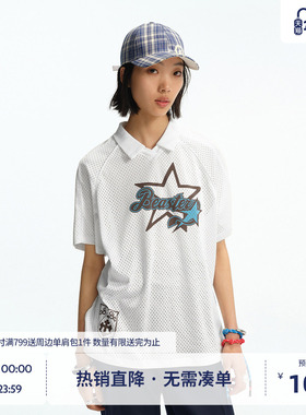 BEASTER网眼排汗印花图案短袖T恤女款百搭宽松新款白色运动上衣