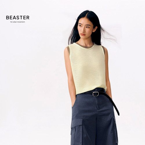 BEASTER「亚麻针织」撞色坑条肌理假两件宽松针织背心