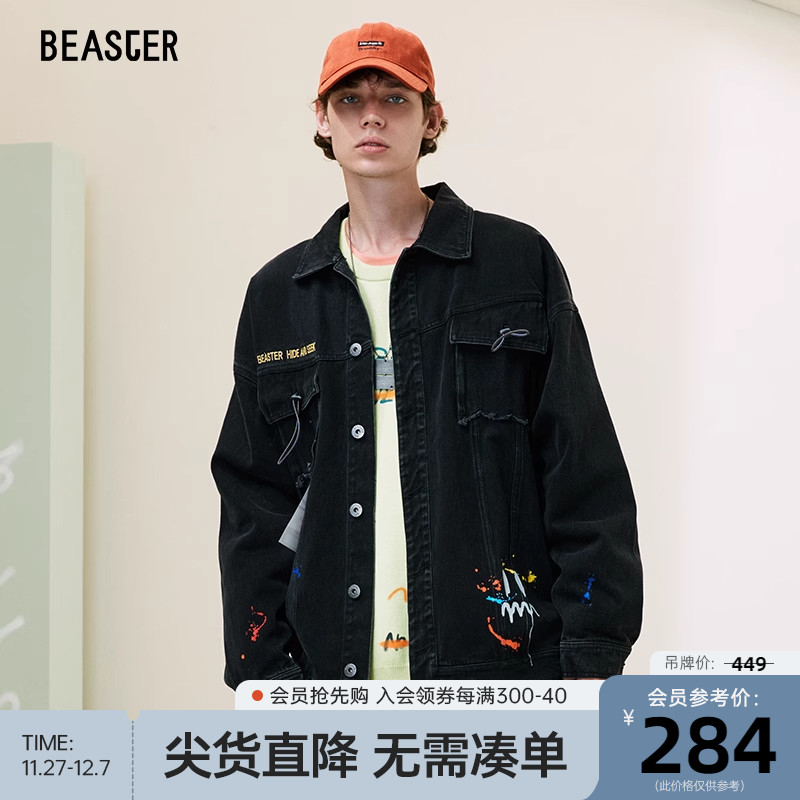 BEASTER小恶魔鬼脸潮流夹克彩色泼墨时尚休闲情侣装美式牛仔外套