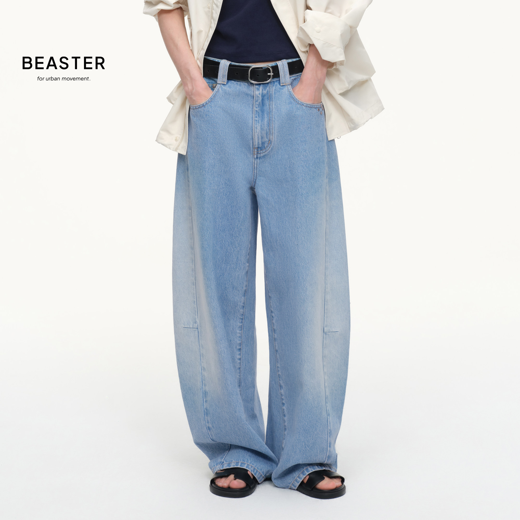 BEASTER「都市漫游」水洗浅蓝牛仔高腰阔腿长裤图片