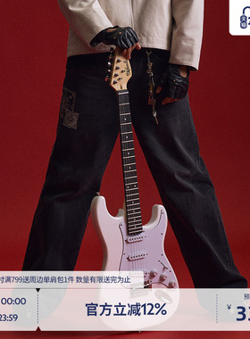 BEASTER腰果花贴布牛仔裤男美式直筒长裤25年夏新款百搭刺绣图案