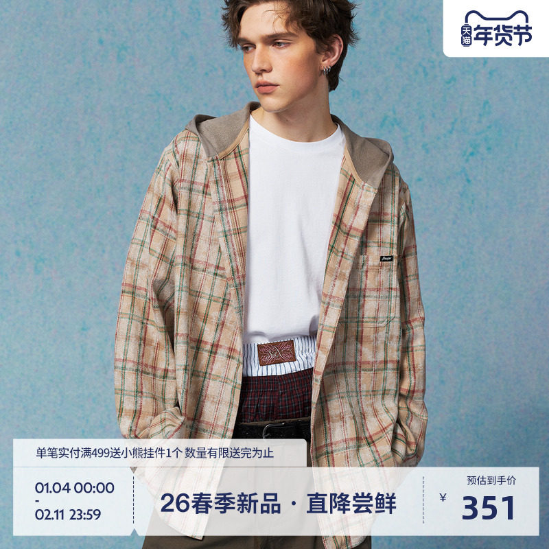 BEASTER水洗做旧格纹衬衫男2026年春拼接连帽复古慵懒情侣外套女,男装,衬衫,淘宝优惠券,粉丝福利购,淘宝优惠卷