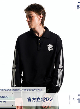 BEASTER刺绣图案长袖polo衫男新款美式潮流街头立领黑色休闲上衣