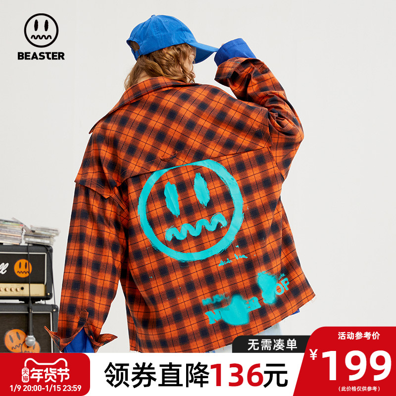 BEASTER小恶魔鬼脸潮流格子衬衫涂鸦印花时尚宽松休闲翻领衬衣男