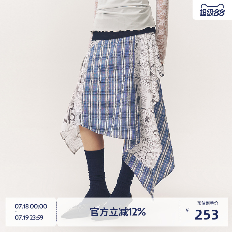 BEASTER复古格纹不对称半身裙