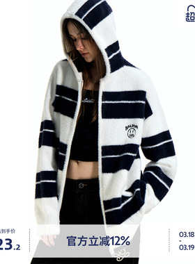 BEASTER刺绣鬼脸仿貂毛连帽针织开衫男秋季新款宽松拼色毛衣外套