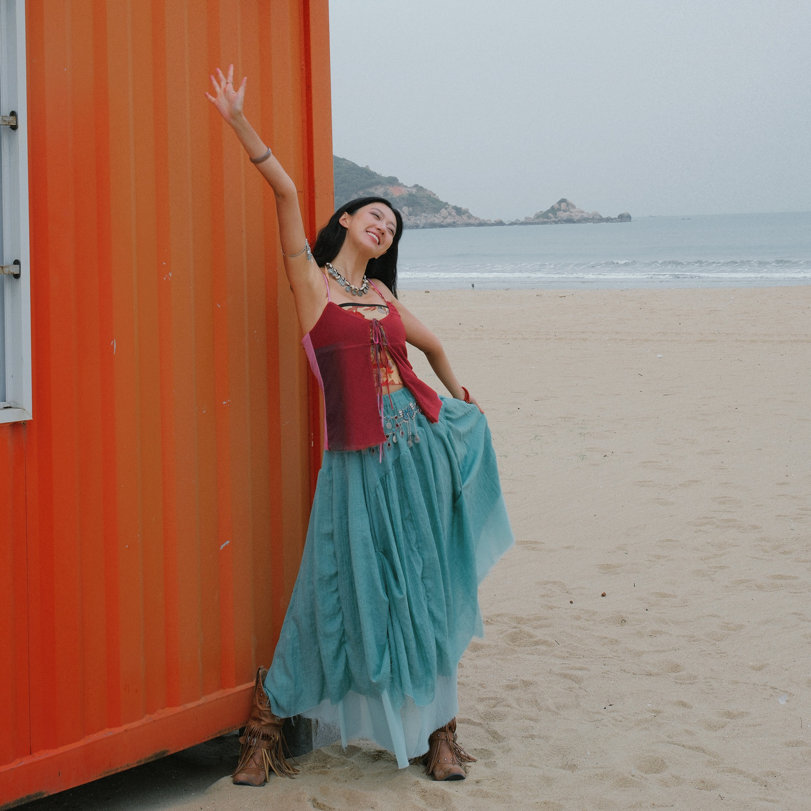 猫之旅店波西米亚度假吊带上衣红黄花朵撞色叠穿渐变抹胸背心系带