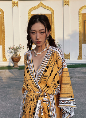 异域风情开衫连衣裙猫之旅店泰国民族风几何印花人棉V领防晒外套