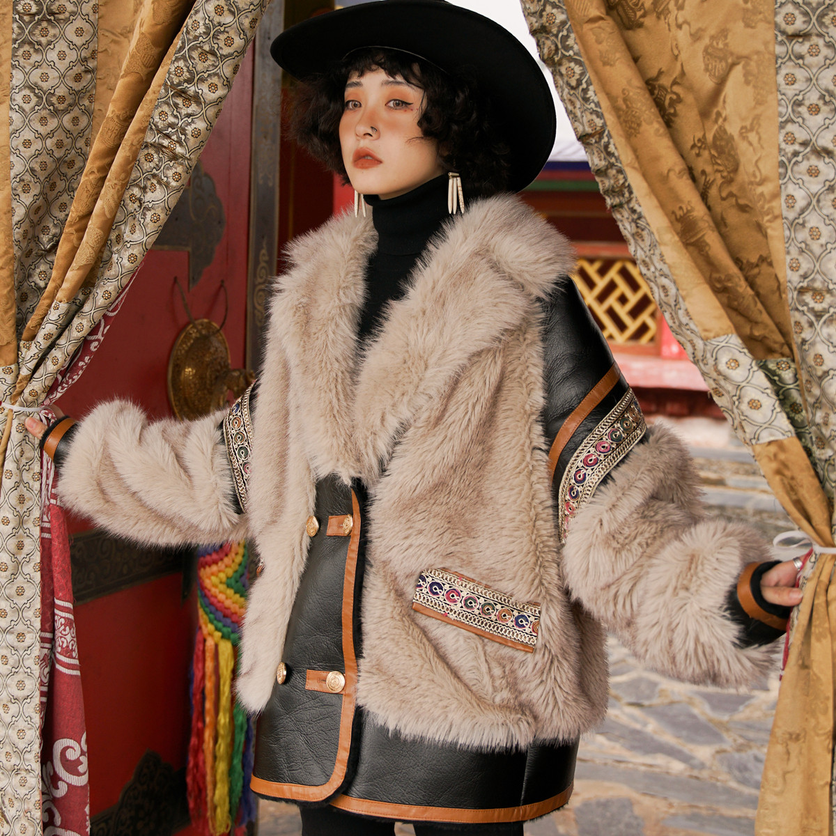 猫之旅店民族风皮毛西藏刺绣外套