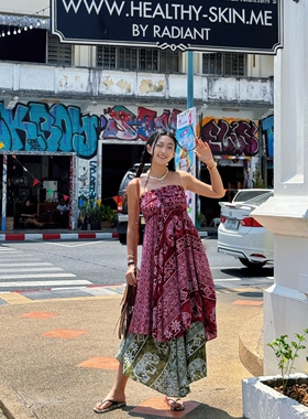 泰国民族风半身裙大象印花异域风度假裙不规则下摆抹胸连衣裙两穿