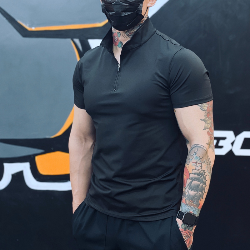 夏季男生运动POLO衫短袖立领拉链休闲纯色弹力肌肉健身兄弟上衣服