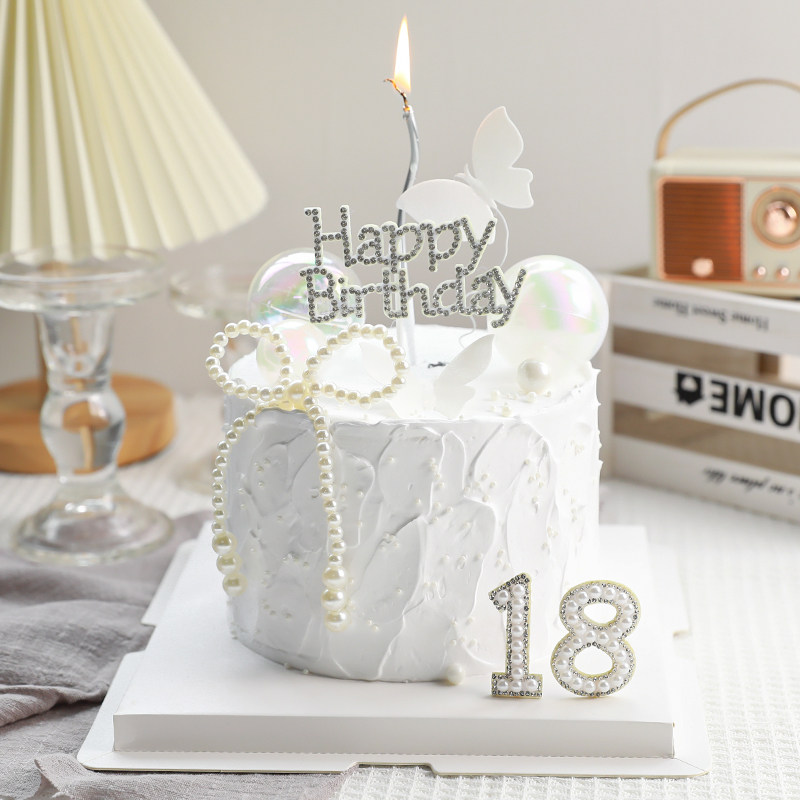 烘焙蛋糕装饰珍珠蝴蝶结摆件钻石happybirthday数字女神生日插牌