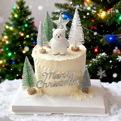 2025圣诞节北极熊蛋糕装饰摆件MerryChristmas毛毡水钻雪松树插件