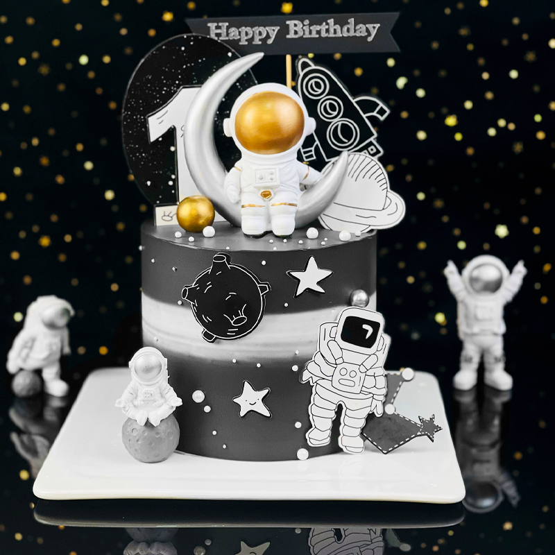 太空宇航员蛋糕装饰摆件宇宙黑白星球飞船插牌儿童生日派对插件