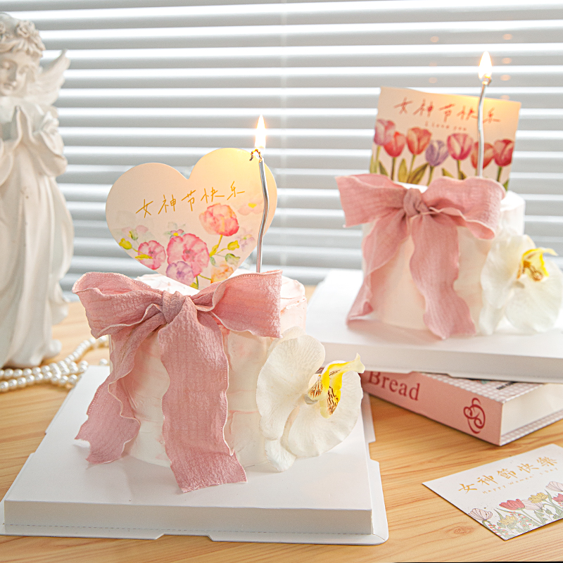 38女神节蛋糕装饰褶皱蝴蝶结丝带蝴蝶兰爱心卡片三八妇女节插件