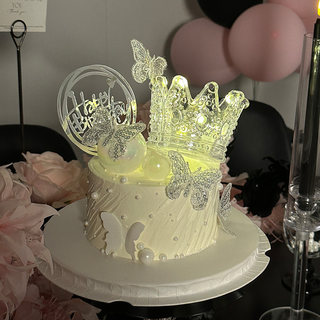 网红公主女孩生日蛋糕装饰发光水晶皇冠摆件爱心亚克力蝴蝶插件