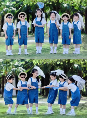 幼儿园毕业季摄影班服拍照纯棉白色T恤短袖牛仔背带裤套装演出服