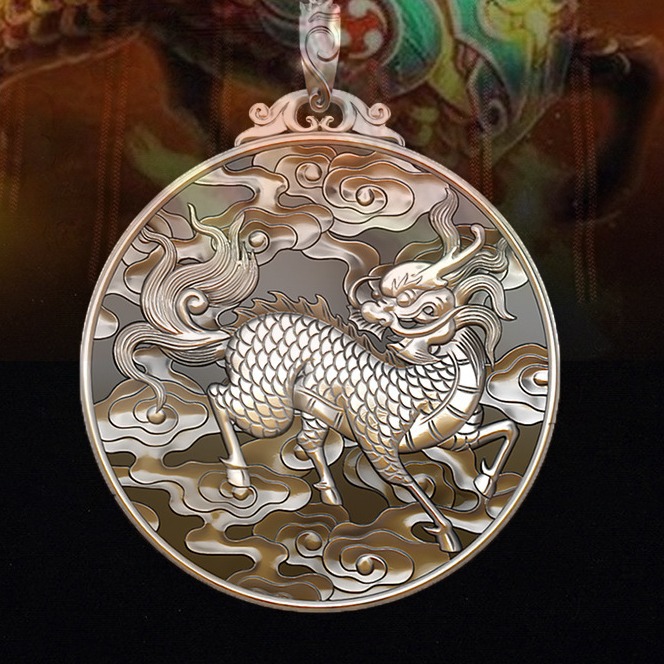 麒麟吊坠99纯银男女祥云挂件复古圆牌花丝民族风项链男银饰