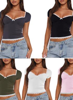 2024 Summer Top T-shirt Lace Hem Bow Spicy Girl