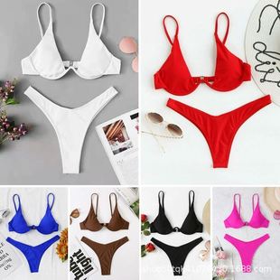 Color Tray Gathering Sexy Swimwear Split Solid Steel Bikini