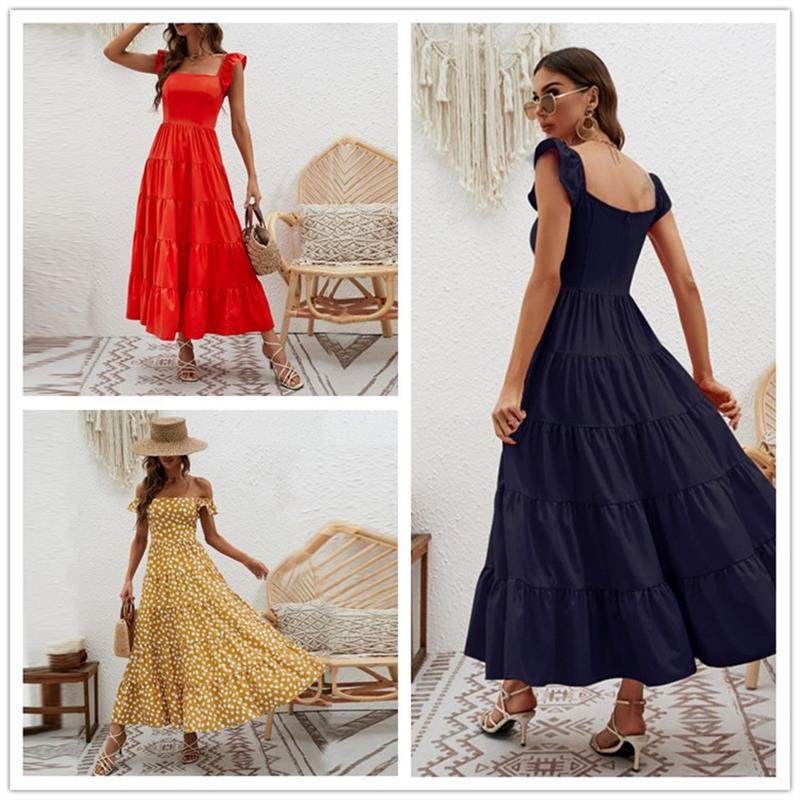 连衣裙女裙 Square Collar Lotus Leaf Sleeve Dress Large Skirt