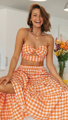 Women's new summer sexy chest wrapped plaid skirt suit连衣裙