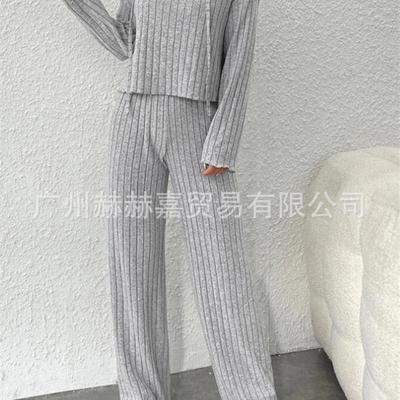 Casual Knitted Long Sleeve Set Womens Pants Two Piece Set
