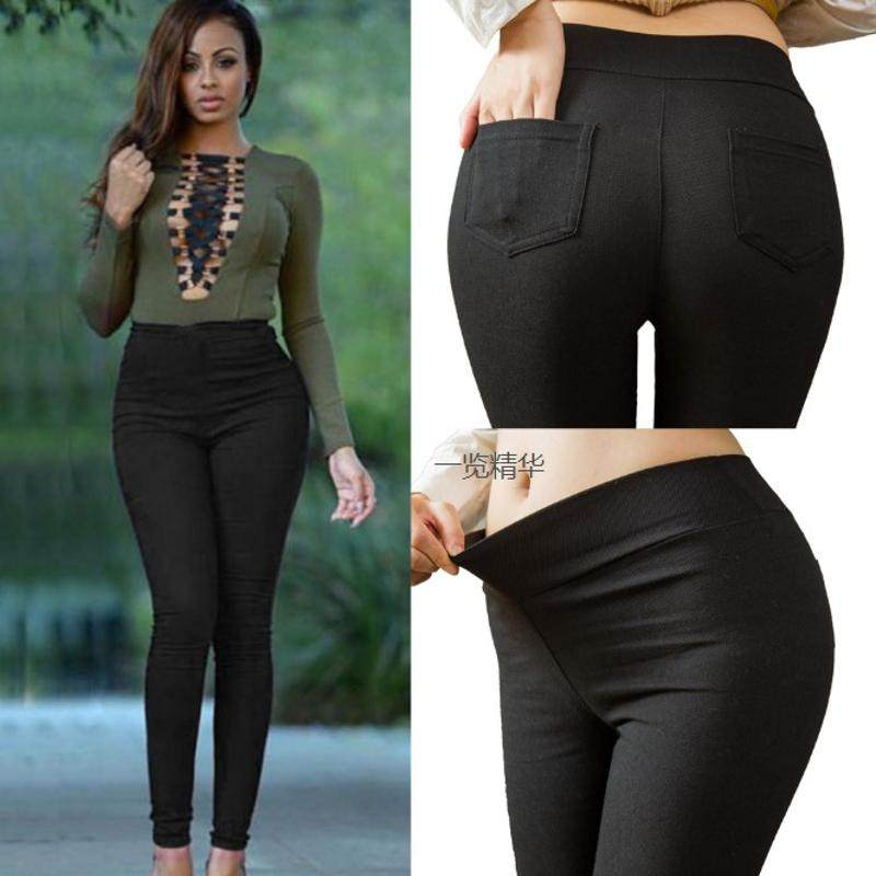 Women jeans black elastic washed denim high waist pants 202