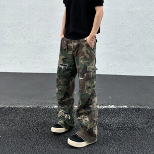 MDAG美式复古破坏迷彩工装裤假破洞做旧打褶子直筒街头休闲情侣款