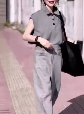 24399大爱美依缘2026夏季新款设计感翻领上衣宽松休闲阔腿裤显瘦