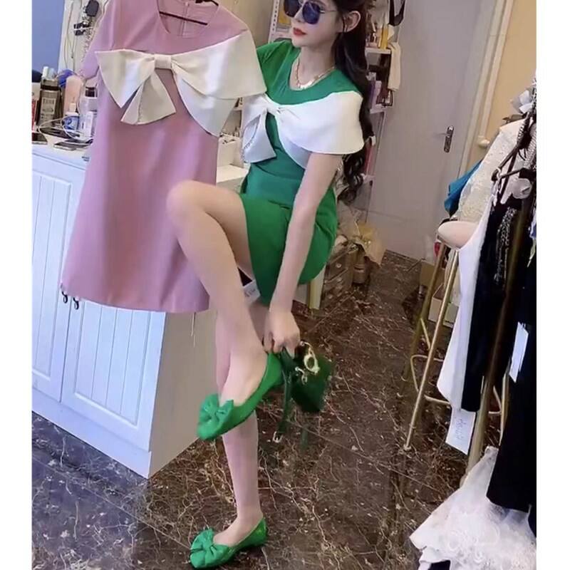 23566大爱美依缘2026夏季新款韩版蝴蝶结洋气显瘦中长款连衣裙女