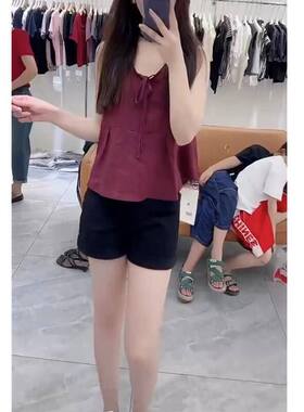 23572大爱美依缘2025夏季新款韩系领口系带无袖背心休闲短裤女装