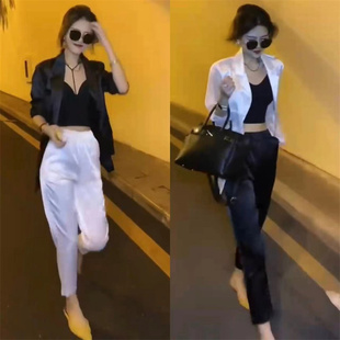 防晒外套哈伦裤 2023夏季 温柔港风缎面网纱西装 新款 两件套女潮 时尚