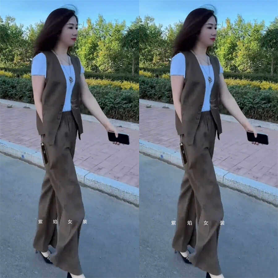 2024夏季新款时尚休闲套装女修身显瘦气质三件套潮马甲短袖裤子女