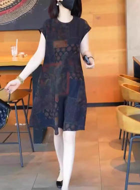 24630大爱美依缘夏季新款圆领宽松印花连衣裙中长款显瘦女裙