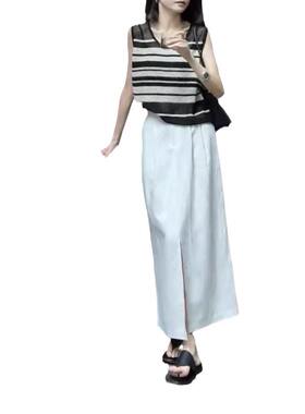 70097大爱美依缘新款韩版时尚无袖条纹背心高腰开叉半身裙女