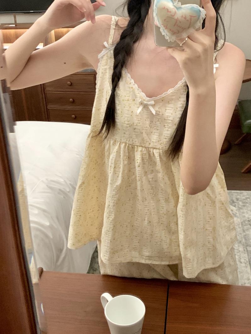 SUSPENDERS PAJAMAS WOMENS SUMMER VEST SHORTS KOREAN VERSION SWEET FRESH FLORAL FOAM COTTON LOUNGEWEAR TWO-PIECE SET