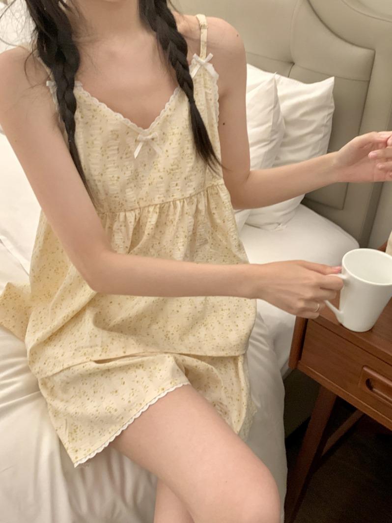 SUSPENDERS PAJAMAS WOMENS SUMMER VEST SHORTS KOREAN VERSION SWEET FRESH FLORAL FOAM COTTON LOUNGEWEAR TWO-PIECE SET
