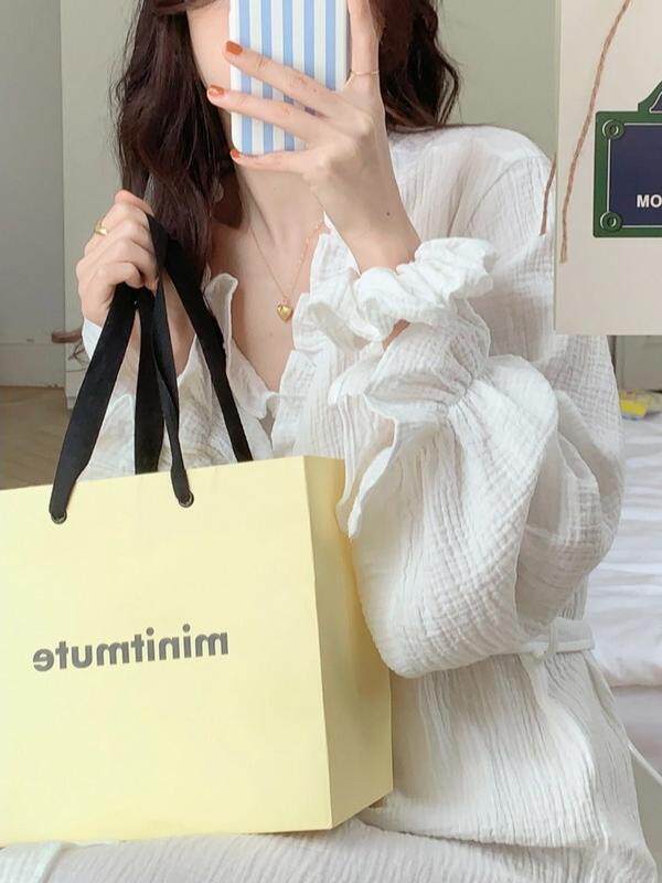 NIGHTGOWN WOMENS AUTUMN WINTER LONG SLEEVE MID-LENGTH BATHROBE KOREAN SWEET RUFFLES COTTON GAUZE PAJAMAS LOUNGEWEAR SPRING