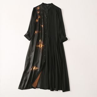 卡米兰同款香云纱衬衫裙民族风印花拼接打条宽松立领单排扣长开衫