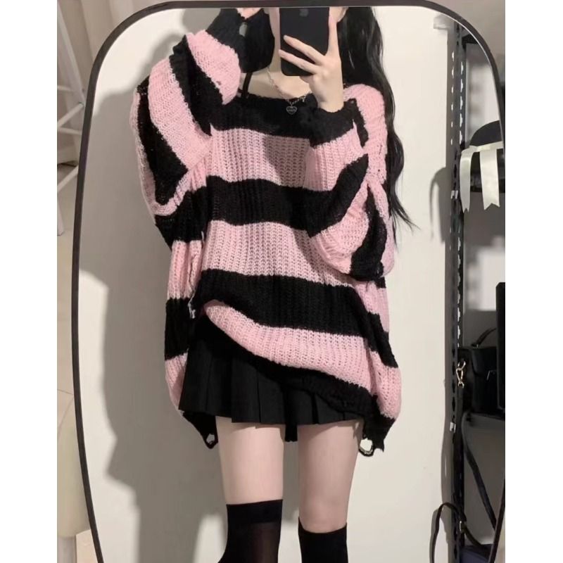 复古破洞毛衣女秋冬设计感小众慵懒风条纹针织衫长袖套头上衣外穿