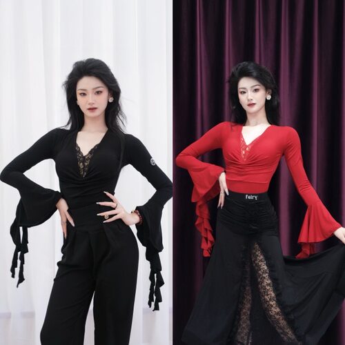 Fairy舞服摩登舞练功服女成人上衣长袖训练摩登舞服荷叶袖蕾丝拼