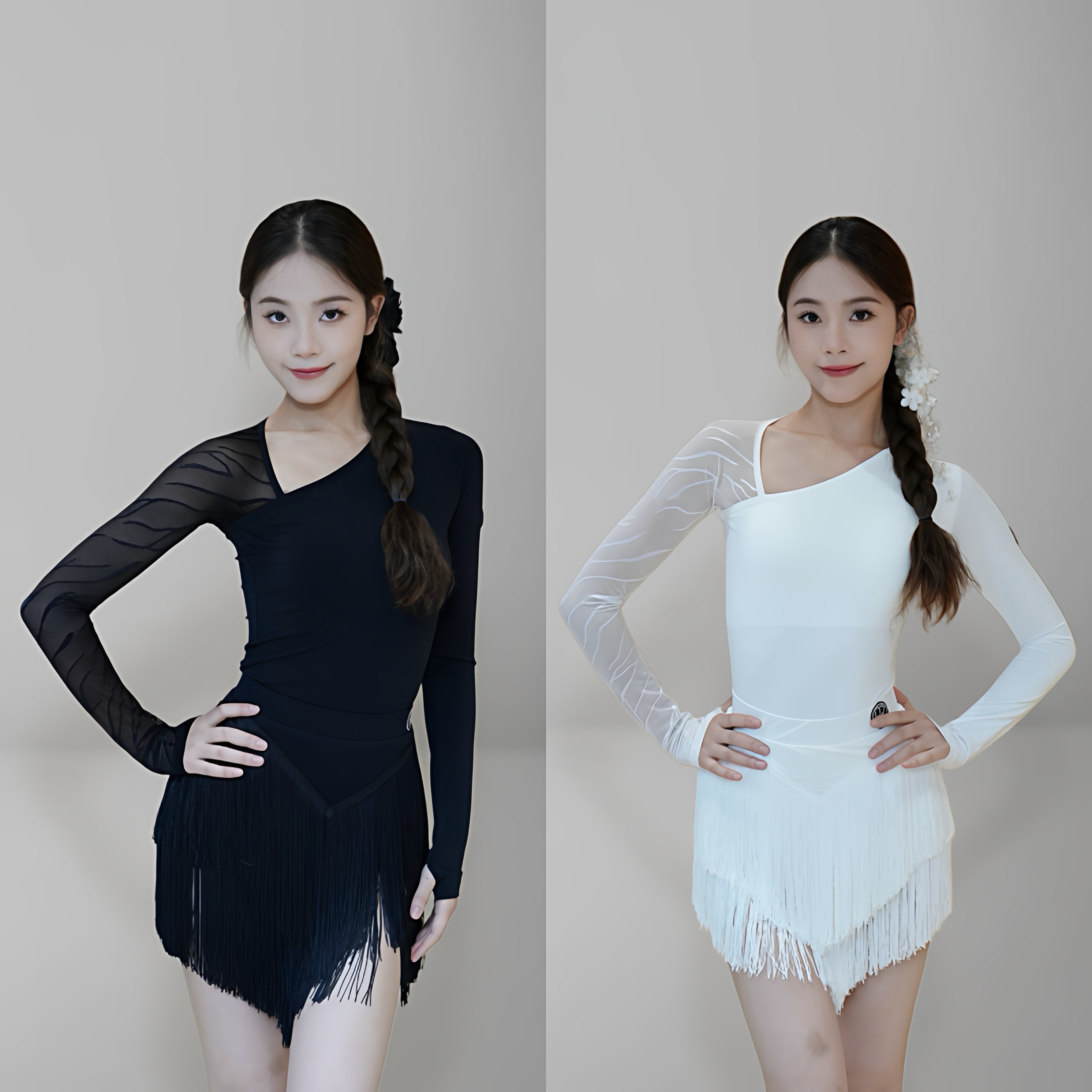Fairy拉丁舞服女斜领性感斑马网纱拼接长袖流苏裙白色短裙练功服