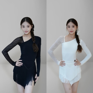 Fairy拉丁舞服女斜领性感斑马网纱拼接长袖流苏裙白色短裙练功服